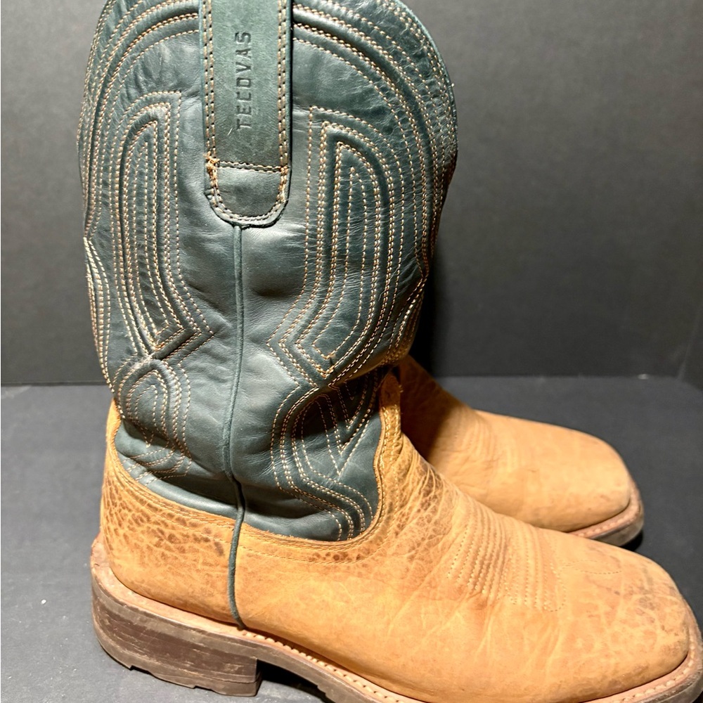 Tecovas Tan and Green Leather Western Style square toe boots with Vibram soles - Picture 2 of 7